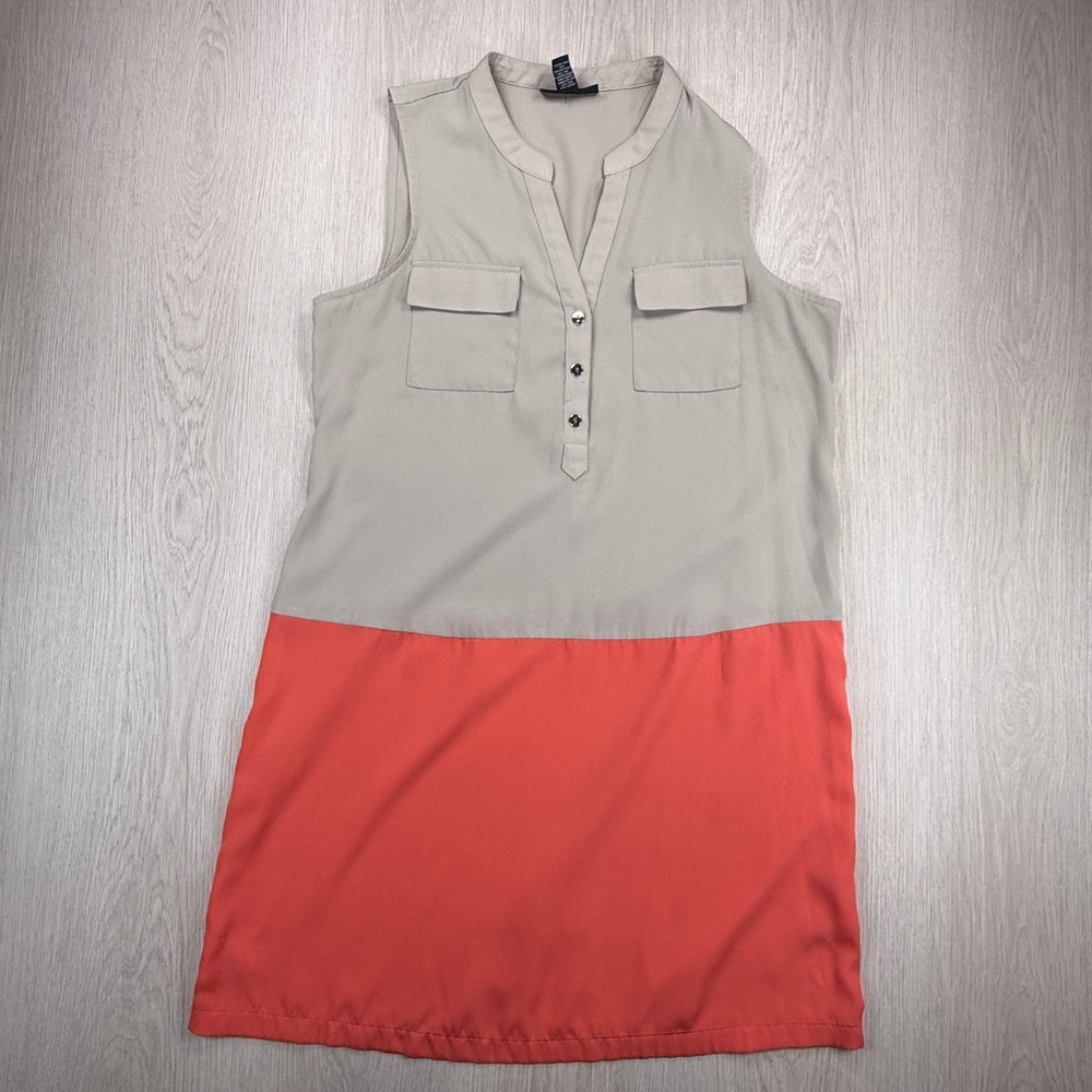 Alfani Womens Colorblock Shift Dress Beige Coral Sleeveless V-Neck Size 6